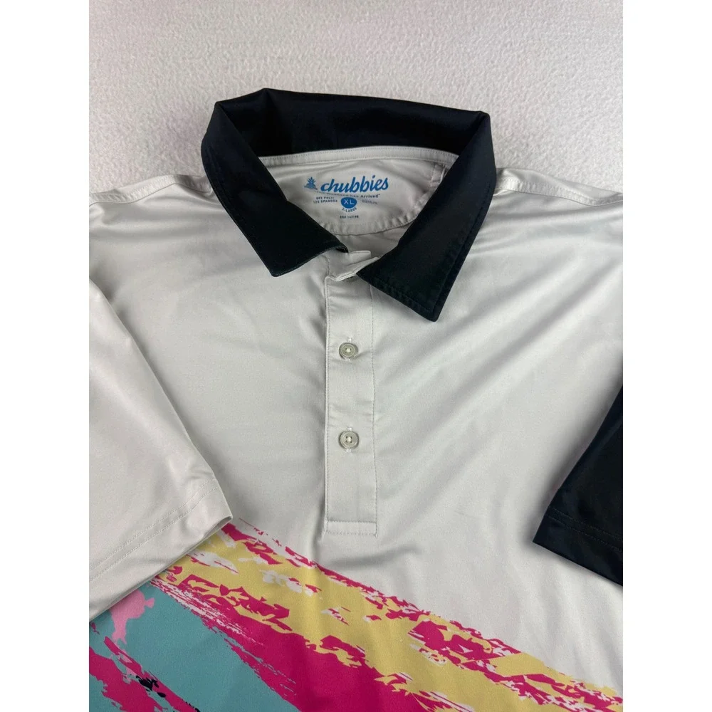 Chubbies Mens XL Performance Polo Shirt Retro Brushstroke Graphic White Black - Picture 3 of 6